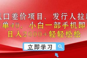 风口差价项目，发行人拉新，差价一单40，小白一部手机即可操作，日入20…