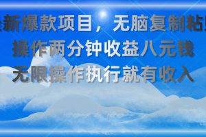 最新爆款项目，无脑复制粘贴，操作两分钟收益八元钱，无限操作执行就有…