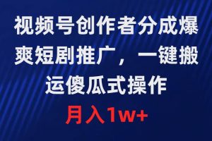 视频号创作者分成，爆爽短剧推广，一键搬运，傻瓜式操作，月入1w+